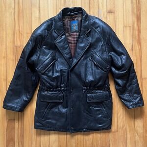 YES Mens Black Leather Jacket Blazer Style Plaid Lined Drawstring Waist Size L